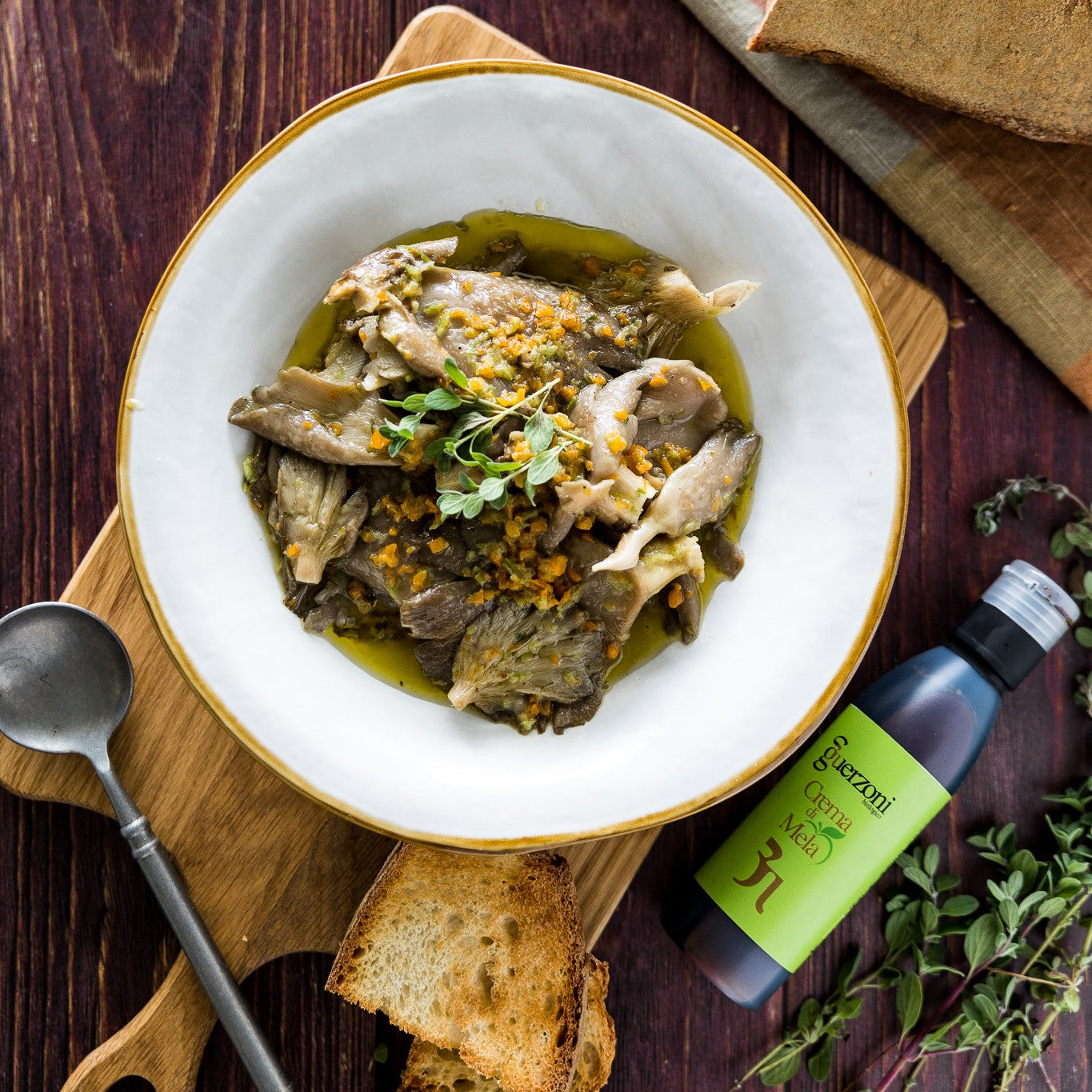 Sautéed Mushrooms with Guerzoni Apple Cream, Finely Chopped Carrot and Celery, with Butter and Marjoram Sauce