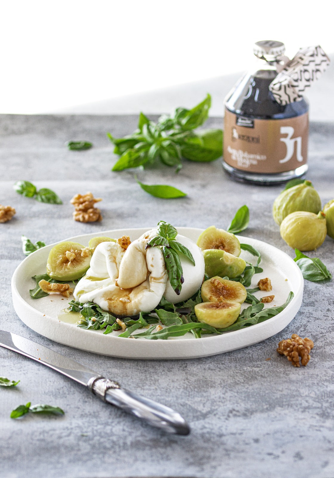 Arugula, Fig, Burrata and Walnut Salad with Biodynamic Organic Balsamic Vinegar of Modena